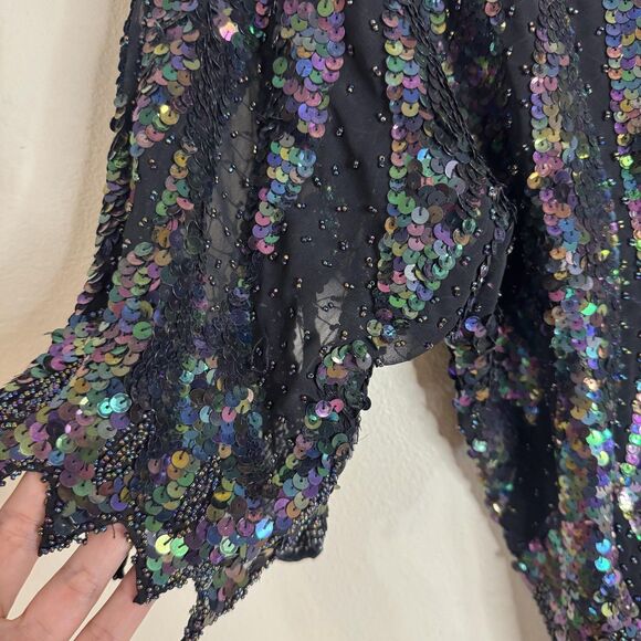 Vintage Iris Sequin Top Womens Medium Black Iridescent Beaded Party Blouse 80s - Picture 2 of 14